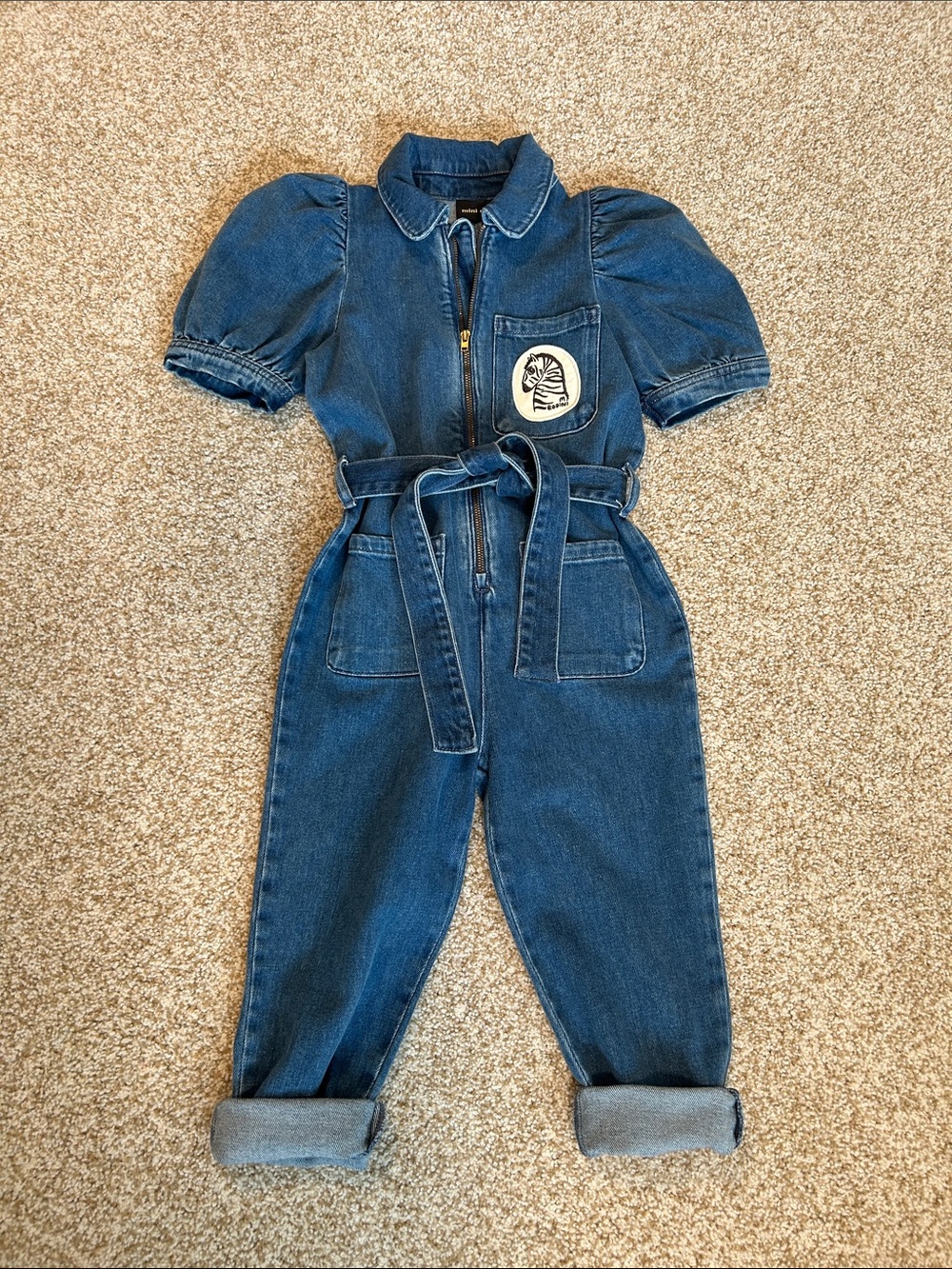 Kids Denim Jumpsuit with Belt - Blue